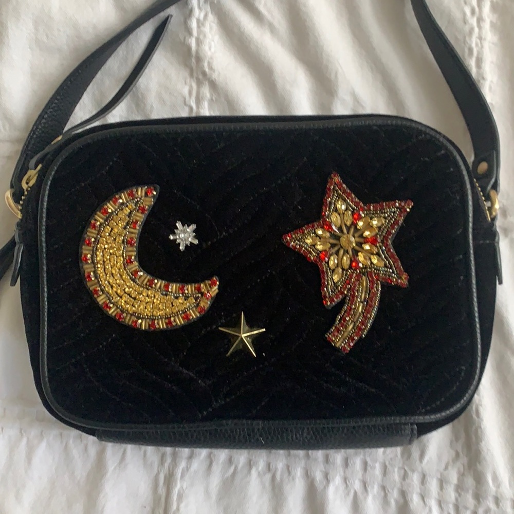 Sam Edelman Perri Velvet Camera Crossbody Bag Black in Moon/Star Beading